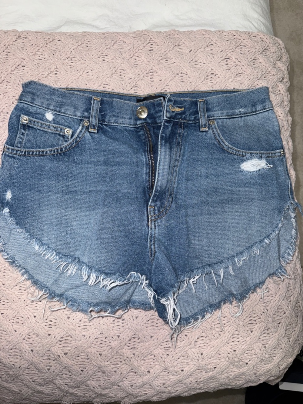 Zara Distressed Light Blue High-Rise Jean Shorts